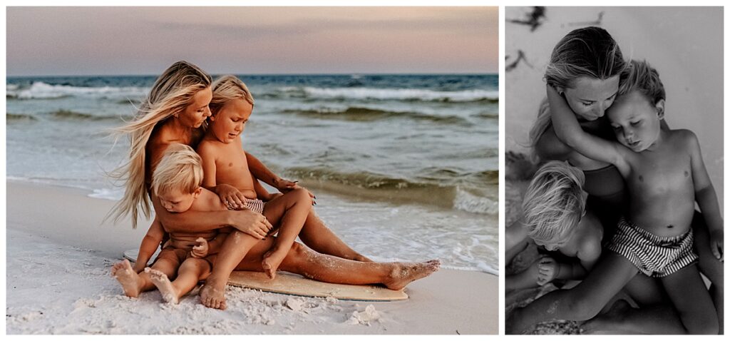 Grayton Beach Family Photographer: A mom and sons in bathing suits cuddling on the beach.