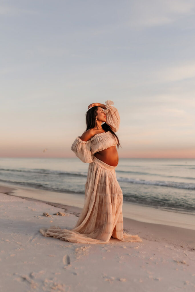 destin maternity photographer on the beach, stunning boho momma to be