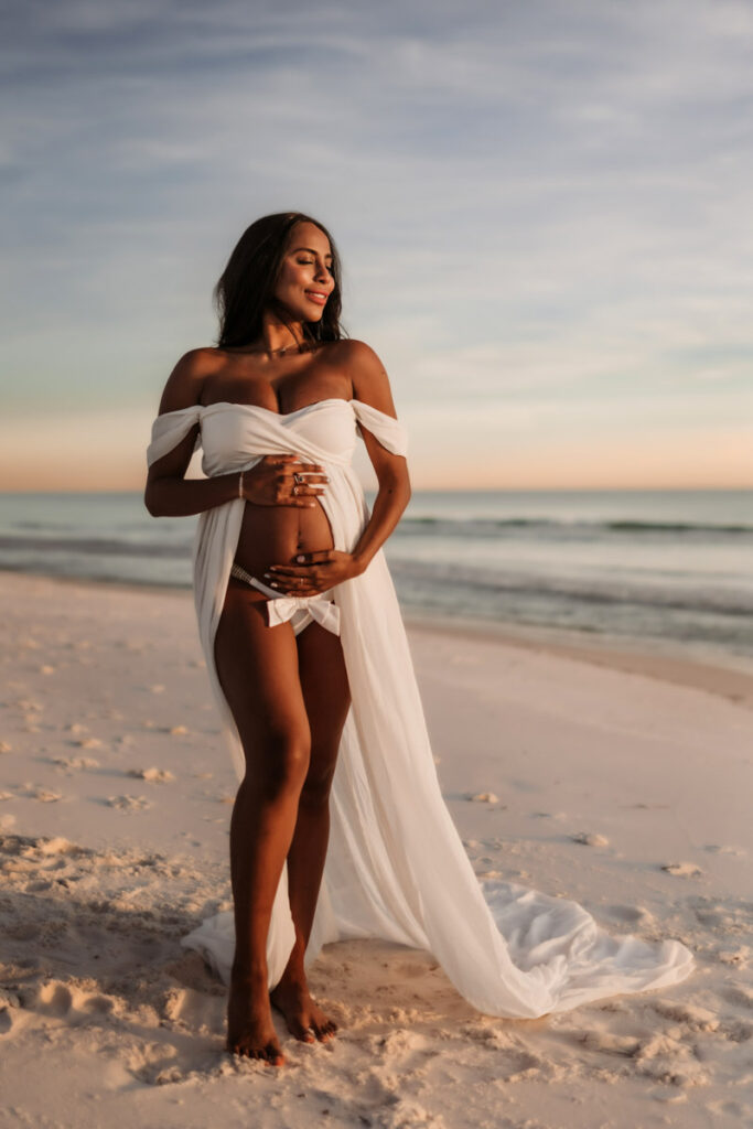 destin maternity photographer on the beach, stunning boho momma to be